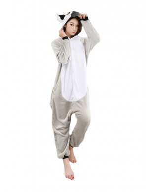 Automne hiver flanelle gris longue queue lémurien une pièce pyjama hommes femmes animaux dessin animé couple homewear