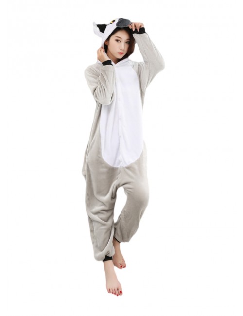 Automne hiver flanelle gris longue queue lémurien une pièce pyjama hommes femmes animaux dessin animé couple homewear