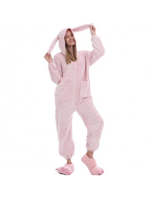 Nouveau flanelle bronzage pois lapin dessin animé animal une pièce pyjama