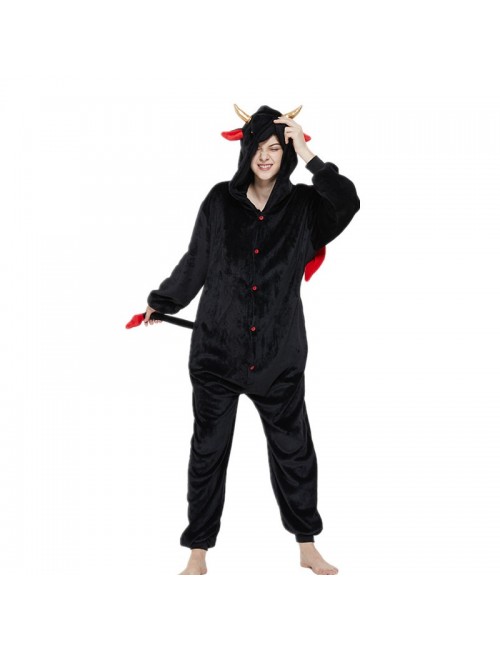 Pyjama d'une pièce pour adulte, noir et diable, automne et hiver, vêtements d'intérieur pour adultes