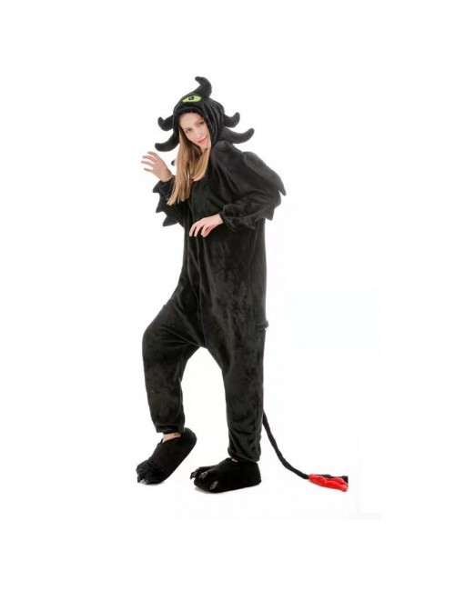 Pyjama une pièce en flanelle pour animaux de dessins animés noir pour apprivoiser le dragon